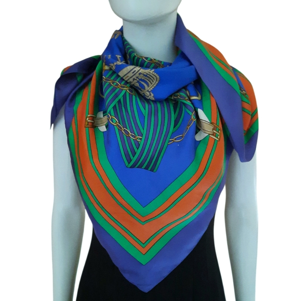 LAUREN RALPH LAUREN Crest Horsebit Equestrian Silk Scarf 37x37" Blue/Green/Multi